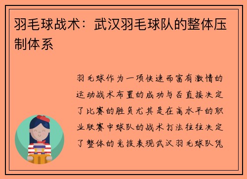 羽毛球战术：武汉羽毛球队的整体压制体系