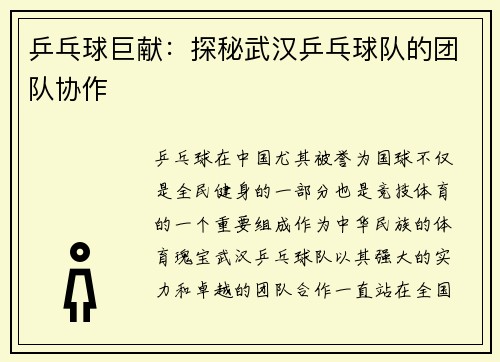 乒乓球巨献：探秘武汉乒乓球队的团队协作